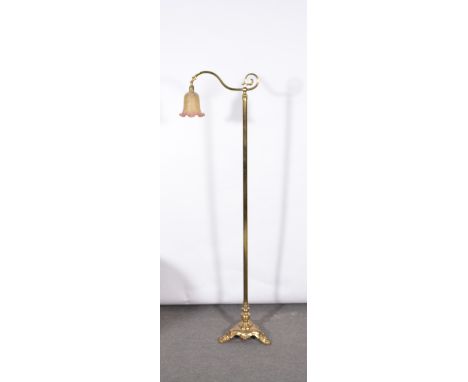 Edwardian brass standard lamp, tripod base, pendant shade, height 169cm.
