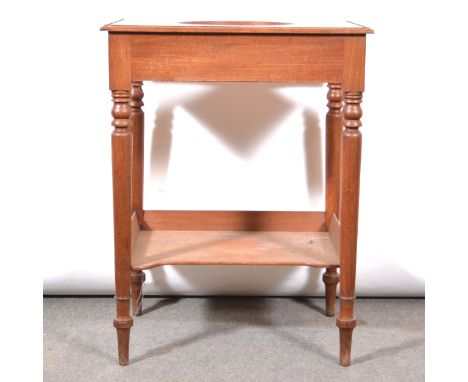 Victorian mahogany washstand, rectangular top with circular recess, turned legs joined by a shelf, width 62cm, depth 46cm, he