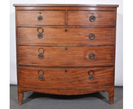 Victorian mahogany bowfront chest of drawers, fitted with two short and three long graduating drawers, shaped apron, splayed 