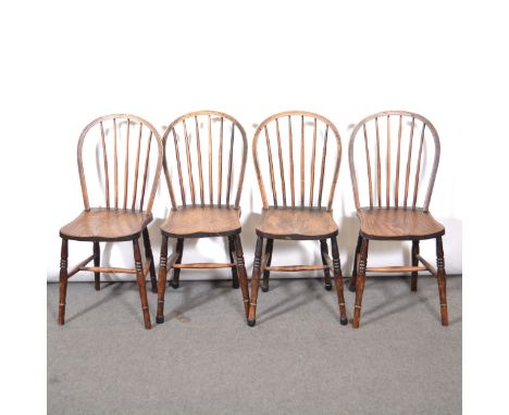 Set of four Victorian beech and elm stick back kitchen chairs, hoop backs, boarded seats, turned legs and rails, width 44cm, 