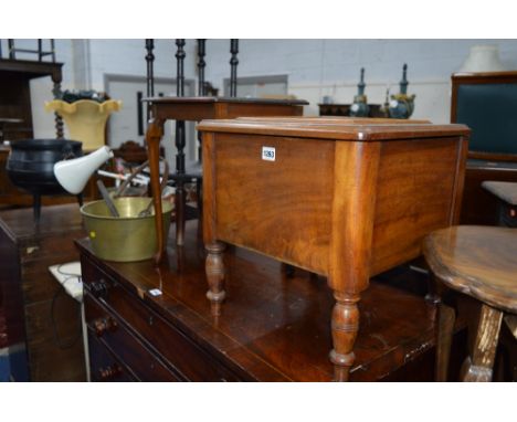 A CARVED OAK TWO TIER OCCASIONAL TABLE, a Victorian mahogany commode, brass jam jar, brass pan, etc (5)