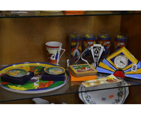 A GROUP OF ART DECO STYLE ITEMS, etc, to include Brian Wood ceramic clock, Past Times 'Clarice Cliff' coasters, boxed Royal W