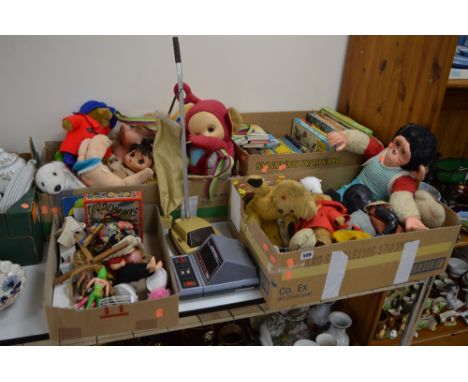 FOUR BOXES AND LOOSE CHILDRENS BOOKS, SOFT TOYS, DOLLS (Cabbage Patch), Pelham puppets (to be untangled), hoover, etc