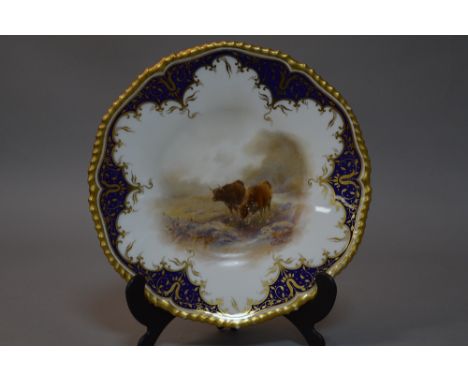 A ROYAL WORCESTER CABINET PLATE, painted with Highland Cattle, signed John Stinton, backstamp green and blurred, diameter app