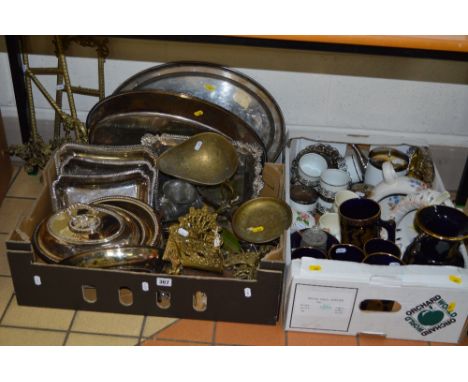 THREE BOXES SUNDRIES, to include metalware, plated entree dishes, brass picture frames, scales, ceramics, pictures etc