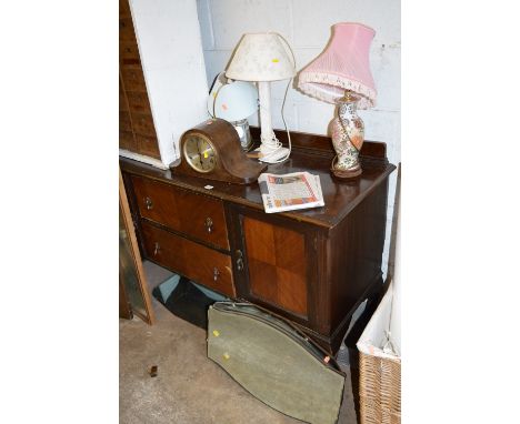 A MAHOGANY SIDEBOARD, an oak mantle clock, two wall mirrors and three table lamps