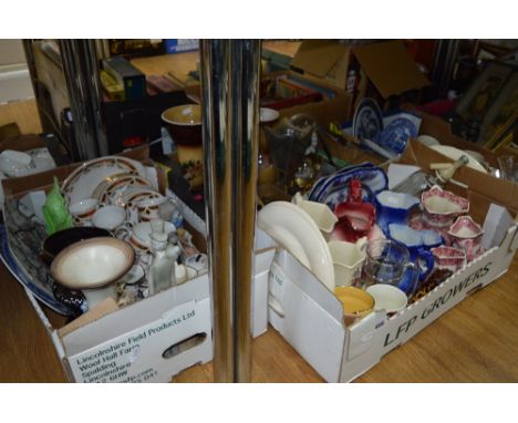 THREE BOXES OF CERAMICS, GLASSWARE, METALWARES, cutlery, etc, including dressing table sets, anniversary clock, etc