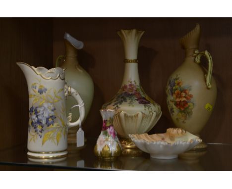 A GROUP OF ROYAL WORCESTER BLUSH IVORY ITEMS AND SIMILAR PAIR OF EWERS, to include jug florally decorated No.1229 (chip to sp