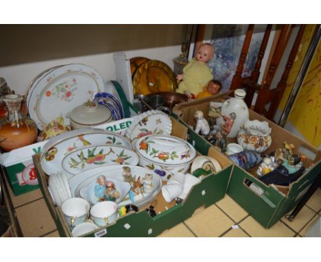 FOUR BOXES OF CERAMICS, GLASSWARE AND METALWARE, includes Royal Worcester Evesham oven to tableware, five Beswick Beatrix Pot