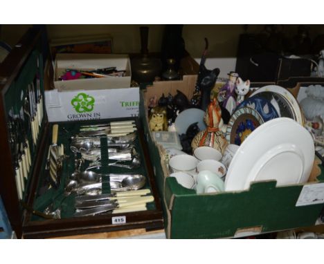 AN OAK CASED CANTEEN OF PLATED CUTLERY, with a few additional items, six place settings, together with two boxes of ceramics 