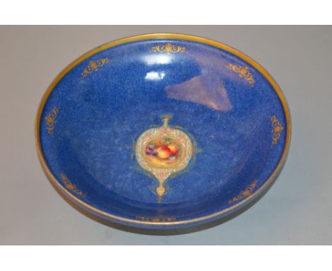 A ROYAL WORCESTER FOOTED BOWL, central roundel of fruit, No 2769, black backstamp (restorations)