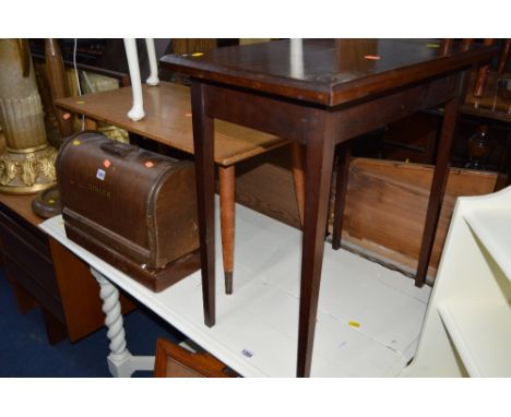 A SINGER SEWING MACHINE, oak coffee table, mahogany oak table, standard lamp with shade, etc (5)