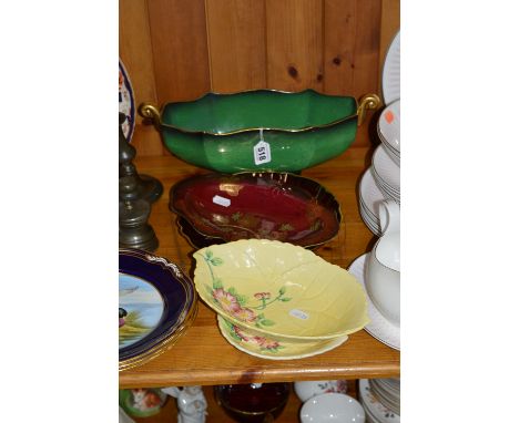 FIVE PIECES CARLTONWARE, to include 'Vert Royale' twin handled bowl (hairline), Rouge Royale 'Mikado' dish, another oblong di