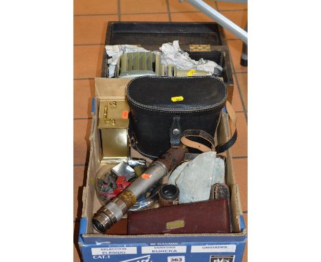 A BRITEX SPOTTER TWO DRAWER TELESCOPE, a case pair of Militur binoculars, cased technical drawing set, carriage clock, polish