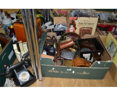 A BOX AND LOOSE SUNDRIES, to include bakelite items, telephone modern radios, Praktica camera, Carl Zeiss Jena lens etc