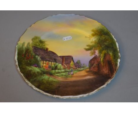 A ROYAL WORCESTER CABINET PLATE, 'Little Comberton', puce backstamp, approximate diameter 27cm