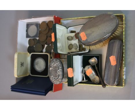 TWO SILVER BACKED BRUSHES, a silver topped glass toilet jar, assorted cufflinks, including silver, Victorian silver caddy spo