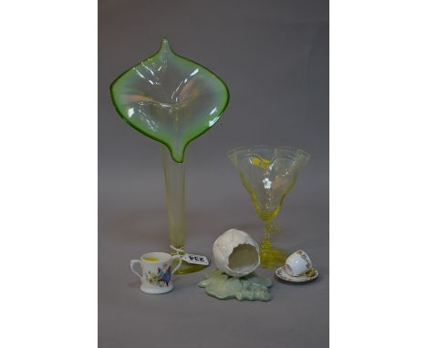 A GROUP OF GLASS AND CERAMICS, to include vaseline jack-in the-pulpit vase, height approximately 31cm, Royal Worcester miniat