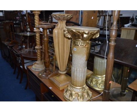 GILT PAINTED CERAMIC JARDINIERE STAND, three other jardiniere stands and a towel rail (4)
