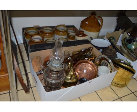 TWO BOXES AND LOOSE METALWARES, STONEWARE JARS, FLAGON (Doulton & Co Lambeth), oil lamp, scales, bevelled edge mirror, etc