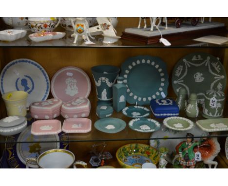 A GROUP OF WEDGWOOD JASPERWARES, to include pink (x5), dark green (x7), yellow (x1), blue (x1), light green (x6) etc