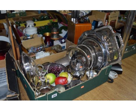 TWO BOXES OF SUNDRIES, to include boxed Caithness timepiece, ship in a bottle, plated entree dish, teapots, barometer, pictur