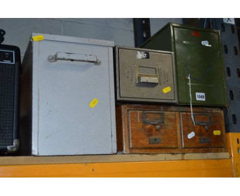 A VINTAGE WOODEN DOUBLE INDEX CARD DRAWER UNIT, and three small metal office units (4)
