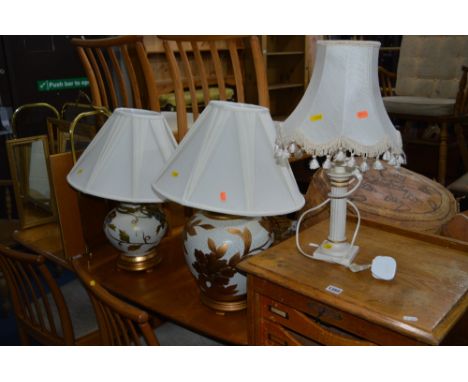 A BRASS FRAMED TRIPLE FIRESCREEN, with glass inset, triple dressing table mirror, three table lamps with shades (5)