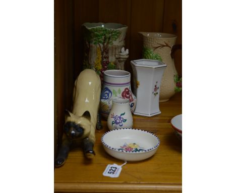 THREE PIECES OF POOLE POTTERY, a Royal Crown Derby Posies vase, Sylvac moulded garden jug, cat figure etc (7)