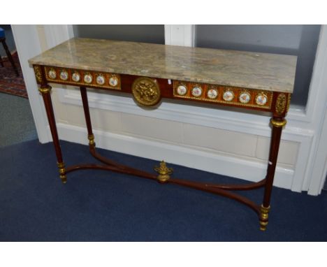 A MID 20TH CENTURY CONTINENTAL RECTANGULAR CONSOLE TABLE, pink, grey and orange veined marble top above a frieze inset with f