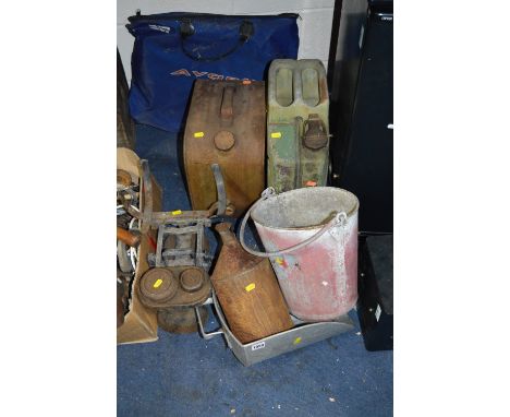 A SET OF GROCERS SCALES AND WEIGHTS, fire bucket, oil can and two fuel cans, etc  (6)