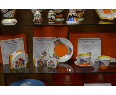 BOXED BRADFORD EXCHANGE EDITIONS 'CLARICE CLIFF' TEA FOR TWO, 'Crocus' pattern to include teapot No.487A, milk jug No.79A, su