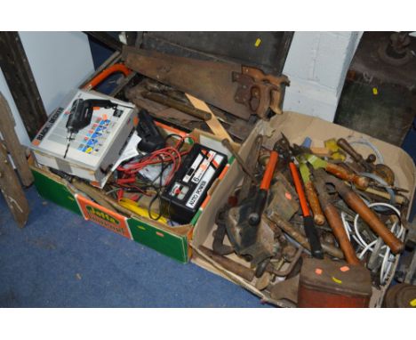 A WOODEN CARPENTERS TOOLBOX, and two boxes containing hand tools including a Record No 3 vice, Black and Decker drill, a shoe
