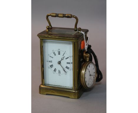 A LATE 19TH CENTURY FRENCH BRASS CARRIAGE CLOCK, white enamel dial, the back marked V.R. Brevete, Paris, height with handle u