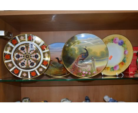 A ROYAL CROWN DERBY IMARI PLATE, '1128' pattern (seconds), diameter 22cm, a pair of bird decorated plates signed W Birbeck an