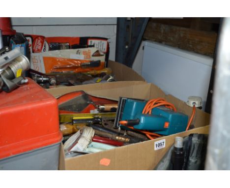 TWO BOXES OF MOSTLY NEW AND PACKAGED TOOLS, and a aluminium step ladder (3)