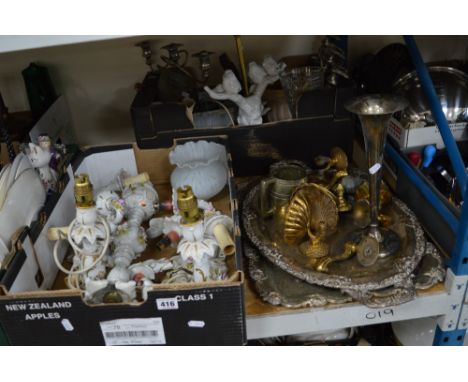 TWO BOXES OF CERAMICS, METALWARE, Capo di Monte light fittings, brassware, silver plated trays, etc (two boxes and loose)