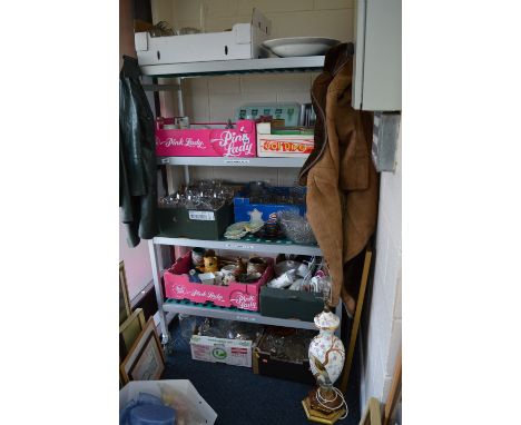 NINE BOXES AND LOOSE CERAMICS, GLASS, BOOKS, JACKETS, TABLE LAMP, PICTURES etc (all monies raised for Lichfield charities)