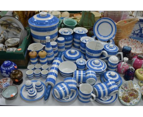 A QUANTITY OF T G GREEN BLUE AND WHITE CORNISHWARE, including rolling pin, jugs, cruets, condiment pots, butter dish, cheese 