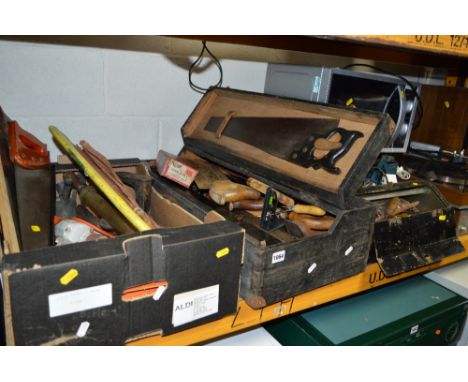 A WOODEN TOOL BOX, a box and three metal tool boxes containing a quantity of vintage hand tools