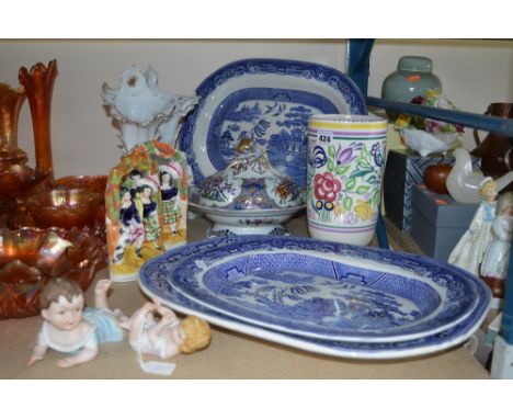 THREE WILLOW PATTERN MEAT PLATES, a Poole pottery vase, a Victorian ironstone tureen and cover, figural ornaments including S