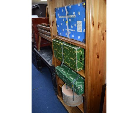 FOUR VINTAGE LAUNDRY BOXES, and a hat box, two named Sumner, one Millbray and Newquay, the hatbox stitched Christy and Co Sto
