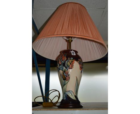 A MOORCROFT POTTERY TABLE LAMP, Red Tulip design, with shade (some crazing), height approximately 32cm (not including fitting