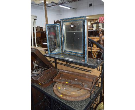 A QUANTITY OF OAK MISCELLANEOUS, etc, to include an open bookcase, coat hook, carved fruit plates, commode, a triple dressing