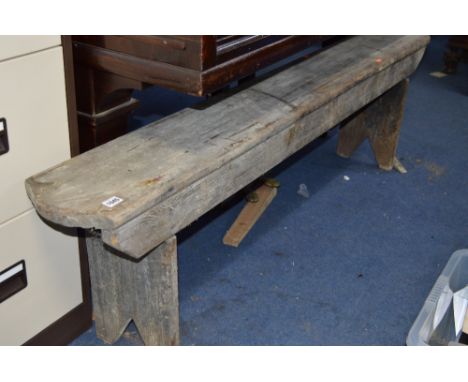A VINTAGE WOODEN BENCH, approximate length 172cm x height 48cm