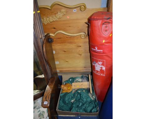 A PINE 5' FOUR POSTER BED FRAME, with a box of Valances curtains etc to fit