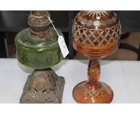 ATTRACTIVE GREEN GLASS AND BRASS OIL BURNING LAMP
33cm high; together with another orange cut glass lamp (2)