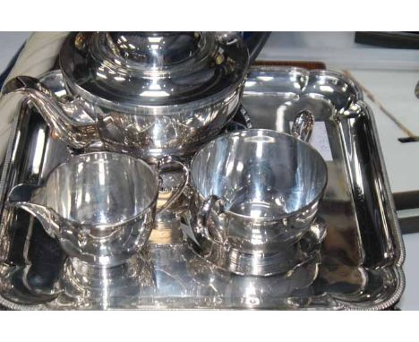 SELECTION OF SILVER PLATED ITEMS
including a three piece tea service, a square tray, a card tray, a golfing dish and a fish c