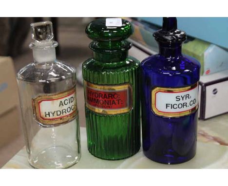 GROUP OF VARIOUS PHARMACIST'S BOTTLES
blue, green, clears and ceramic examples