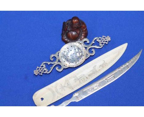 SELECTION OF COLLECTABLES
including a Scottish silver twin-handled tea sieve, a South-East Asian white metal letter opener, a